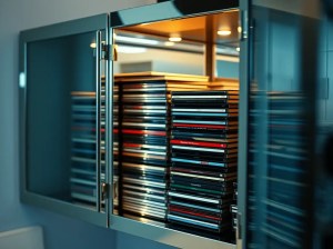 Mirrored bathroom cabinet containing stacks of music CDs